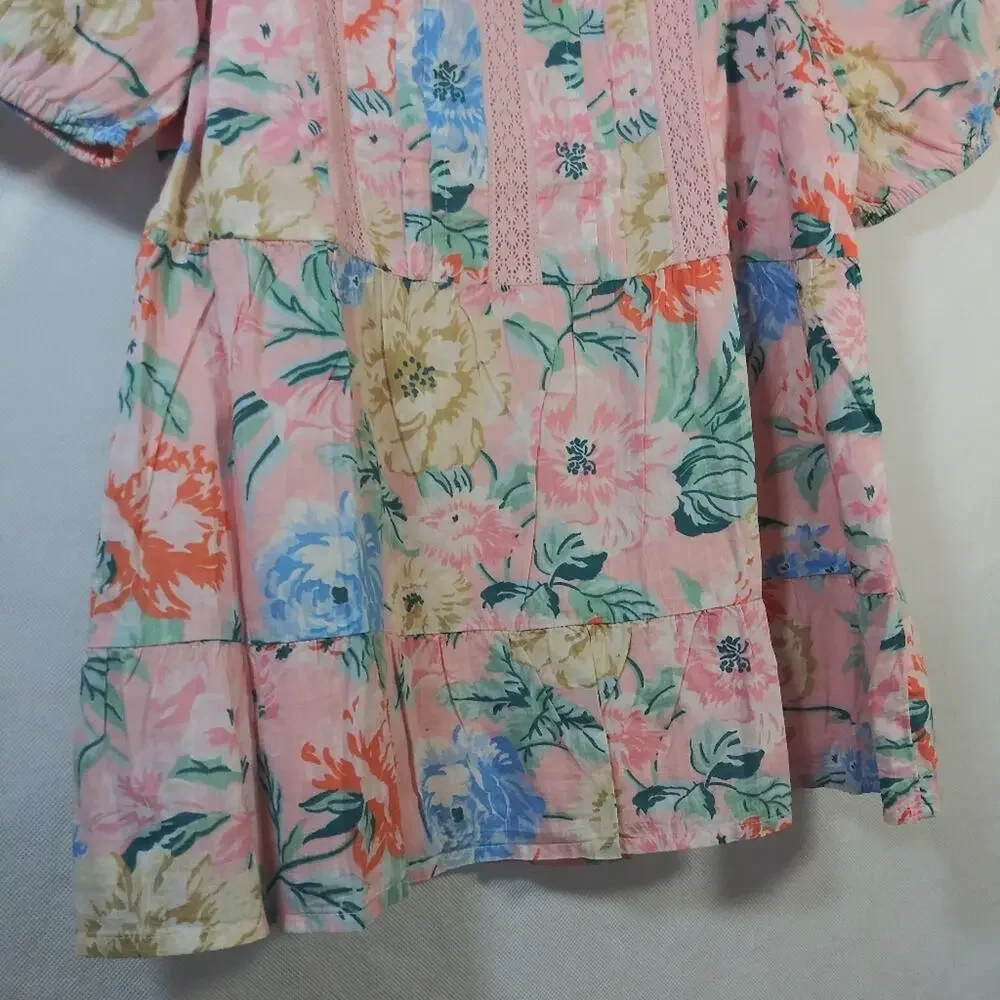 Loft Garden Lacy Tiered Square Neck Top Angel Pink Size Small